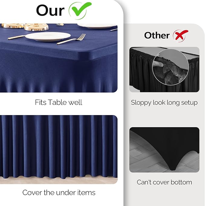 Wish Care 6 Pack Navy Blue Spandex Table Clothes for 8 Foot Rectangle Tables, 8FT Wrinkle Free Fitted Tablecloths Ruffles Design Table Cover for Party, Banquet, Wedding and Events