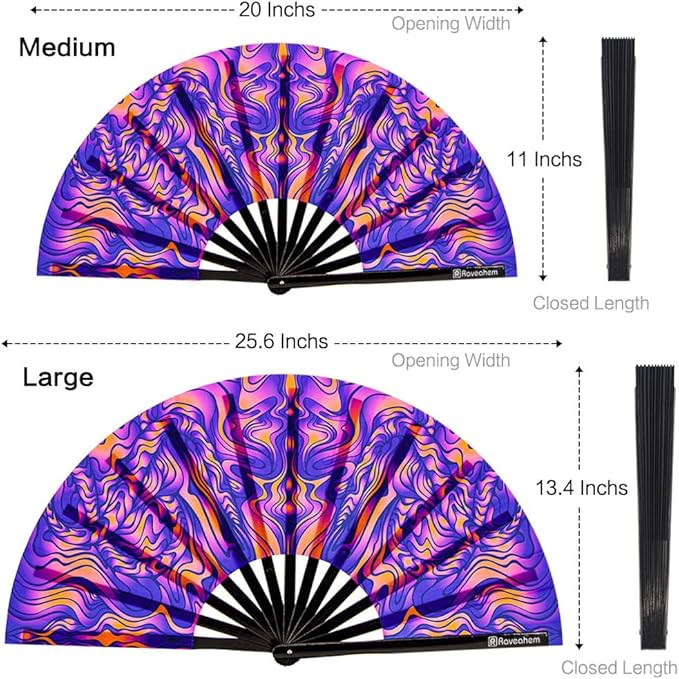 UV Glow Rave Fan, Bamboo Folding Clack Hand Fans Foldable for Men Women, Boots on the Ground Poping Fan for EDM Festival Line Dance Decoration, (Wellen, Medium 11")