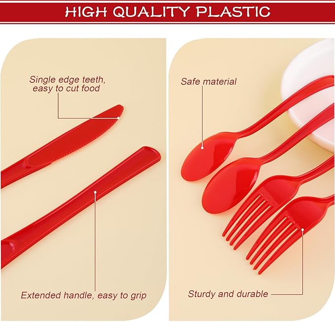 Plastic Silverware Set, 300 Pieces, Heavy Duty Red Knives Forks Spoons