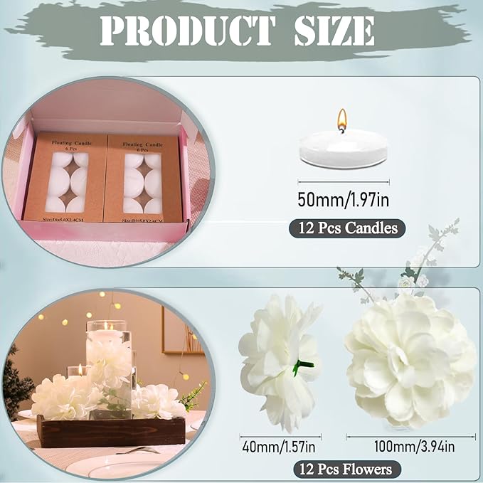 Vase Fillers with 12 White Floating Flowers and 12 Candles, 24 Pieces