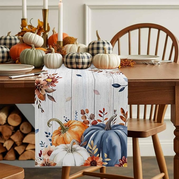 Thanksgiving Fall Cotton Linen Table Runner for Dining Kitchen, Pumpkins Eucalyptus Wedding Outdoor Party Tablerunners Decoration, Farmhouse Wooden Dresser Scarf Coffee Tablecloth Runners 13x48 Inches