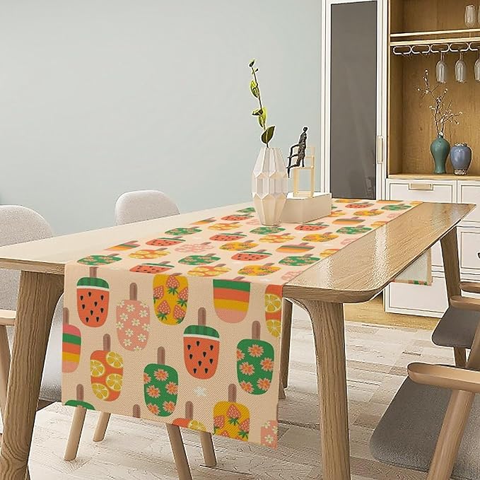 Summer Popsicles Table Runner, Colorful Cute Ice Cream Childish Seasonal Dinner Runner for Party Holiday Home Kitchen Dining Table Decor 13"x90"