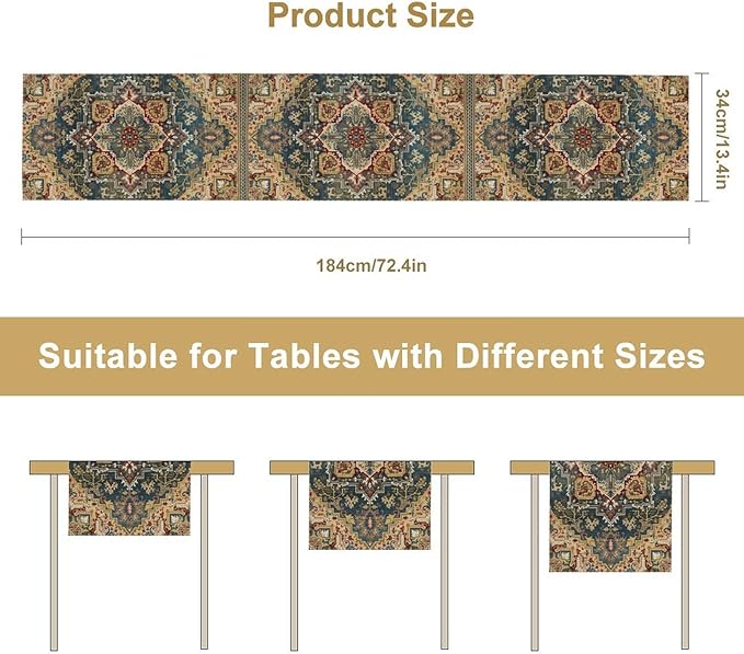 Boho Bohemia Style Table Runner, Country Rustic Farmhouse Vintahe Colorful Geometry Print Table Runner for Home Kitchen Dinner Party Holiday Decor, 13x120inch