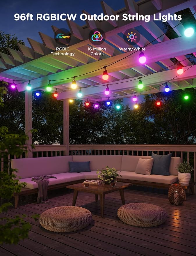 Smart LED Outdoor String Lights, 96ft RGBICW with App Control