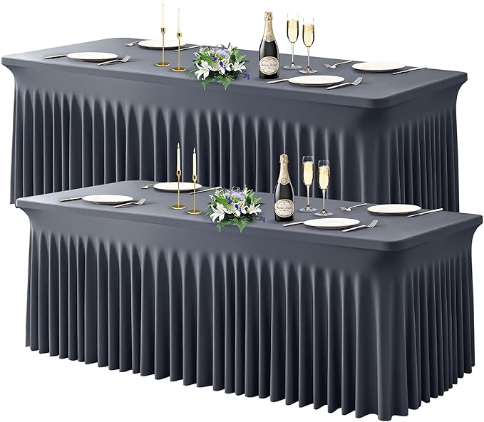 Wish Care 2 Pack Gray Spandex Table Clothes for 8 Foot Rectangle Tables, 8FT Wrinkle Free Fitted Tablecloths Ruffles Design Table Cover for Party, Banquet, Wedding and Events