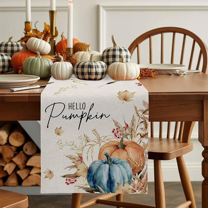 Fall Thanksgiving Cotton Linen Table Runner for Dining Kitchen, Orange Pumpkins Outdoor Party Autumn Tablerunners Decoration Rustic Wheat Leaves Dresser Scarf Coffee Tablecloth Runners 13x120 Inches