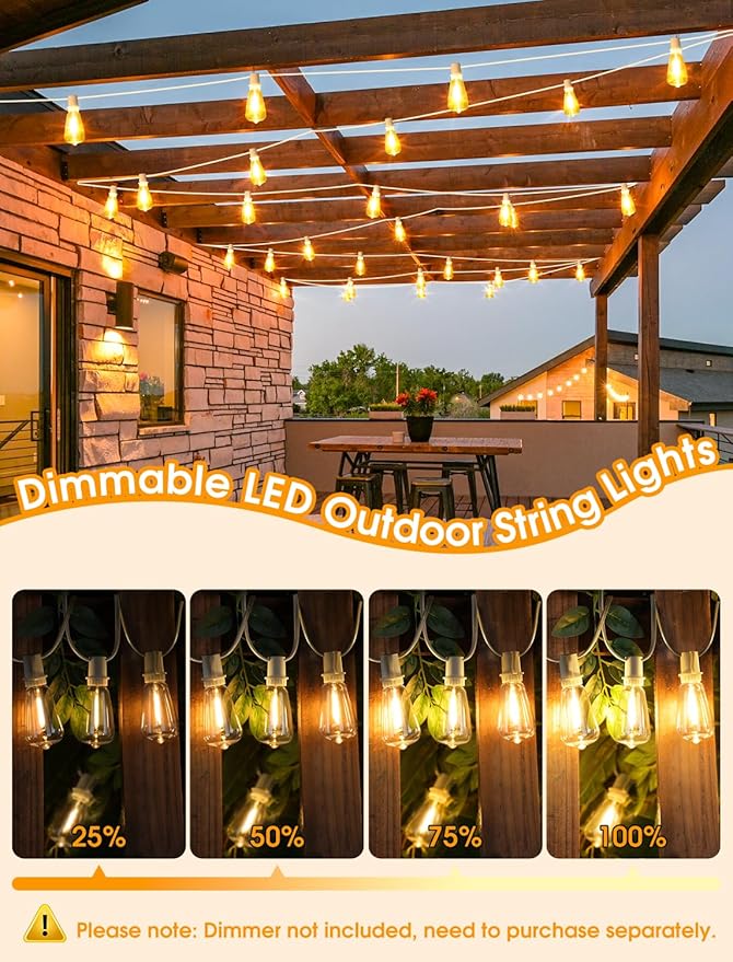 String Lights, 50 FT Outdoor Edison Bulbs, Warm White 2700K