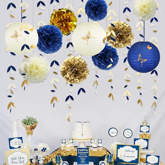 Banners Party Decor Kit, 40 Pieces, Blue and Gold Paper Lanterns, Garlands