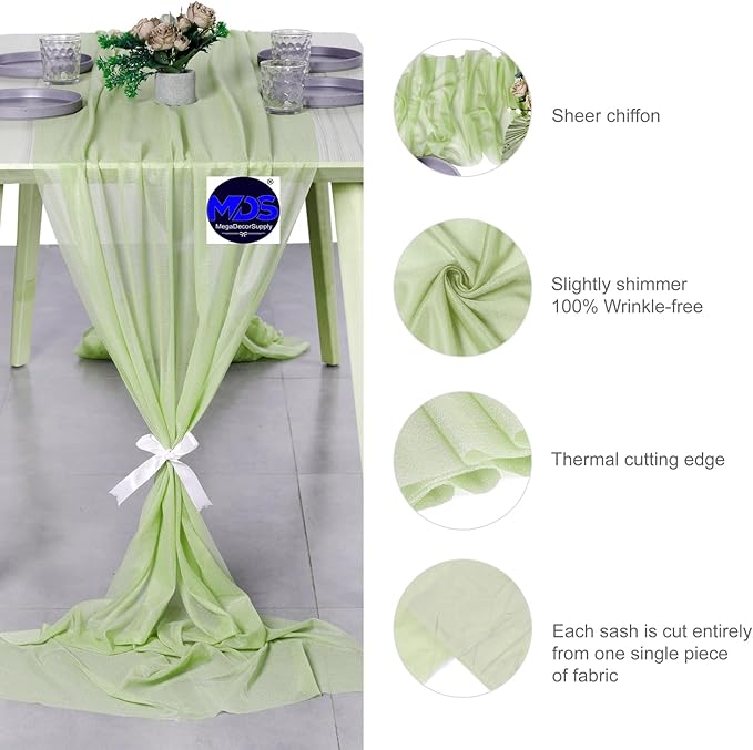 MDS Halloween Chiffon Table Runner - 25 Pack, 29 x 170 Inches, 14ft Each - Sheer Spooky Table Runners for Haunted House Parties, Trick-or-Treat Tables, Witchy Décor, Wedding & Events - Sage Green