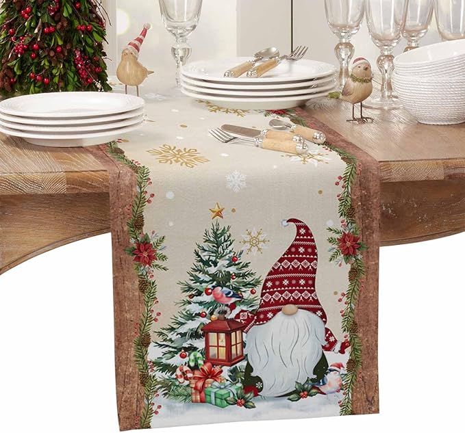 Christmas Gnomes Cotton Linen Table Runner for Dining Kitchen, Xmas Pine Tree Snowflake Rustic Wedding Outdoor Party Tablerunners Decoration, Retro Wood Dresser Scarf Tablecloth Runners 13x72 Inches
