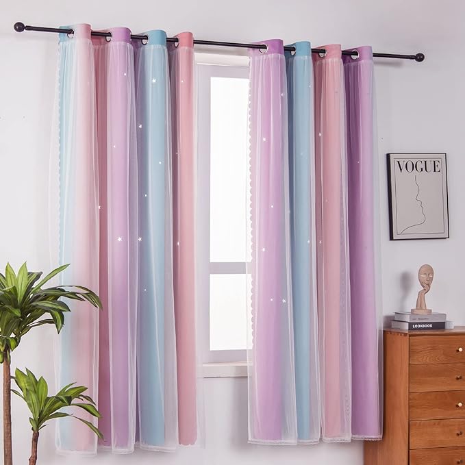 FANLI Ombre Rainbow Blackout Curtains for Kid Girls Bedroom Living Room Darking Stripe Double Layer Star Cut Out Wall Home Decor Gradient Grommet Window Curtains (Pink Purple, 52W x 63L)