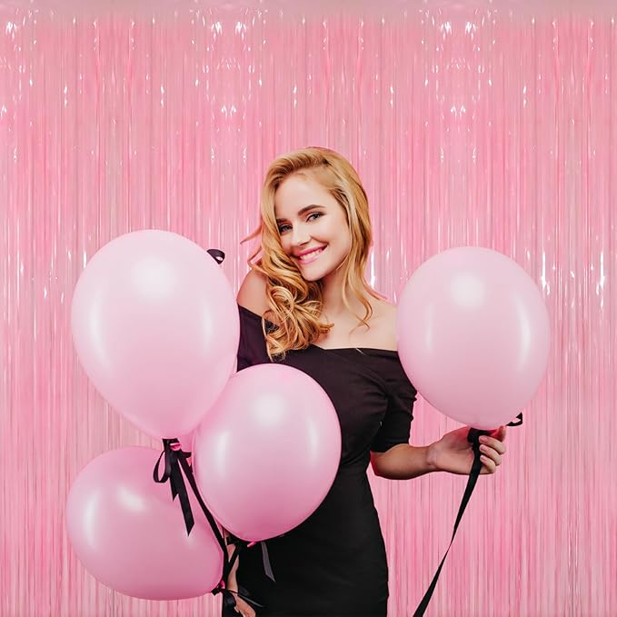 GOER 3.2 ft x 8.2 ft Metallic Tinsel Foil Fringe Curtains Party Photo Backdrop Party Streamers for Birthday,Graduation,New Year Eve Decorations Wedding Decor(3 Packs,Candy Pink)
