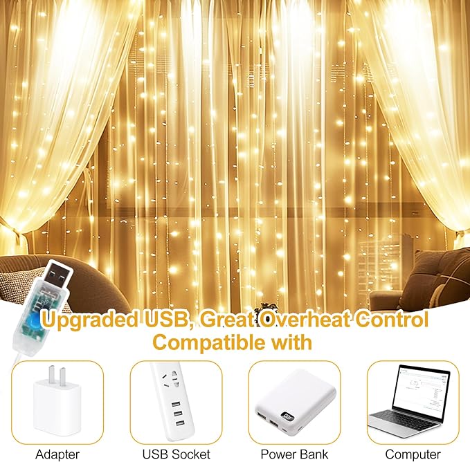 2 Pack Fairy Curtain Lights Upgraded Tangle-Free Warm White USB Plug in 8 Modes String Hanging Lights with Remote for Christmas, Bedroom, Indoor, Outdoor, Weddings, Party (10 FTx10 FT)