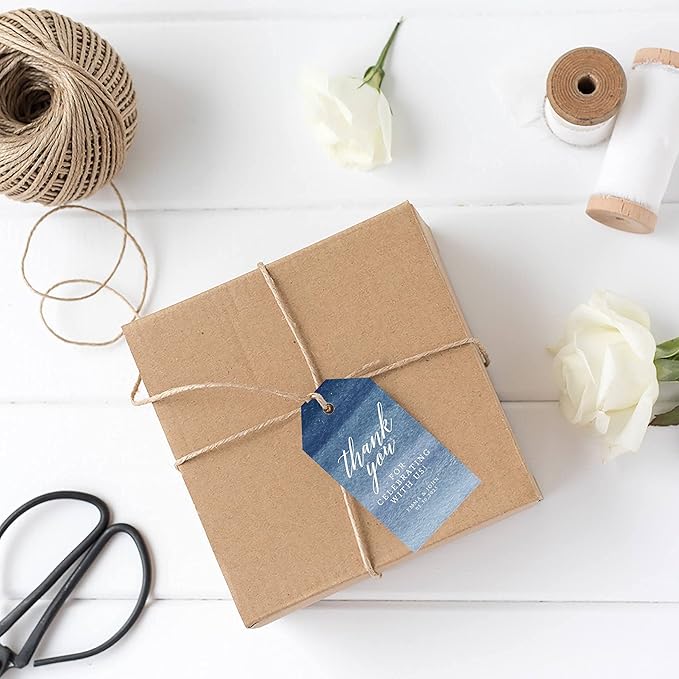 Andaz Press 100-Pack Personalized Thank You for Celebrating with Us Wedding Favor Tags with Bakers Twine Navy Blue Ombre Watercolor Custom Cardstock Wedding Gift Tags for Party Favors 2 x 3.75-Inches