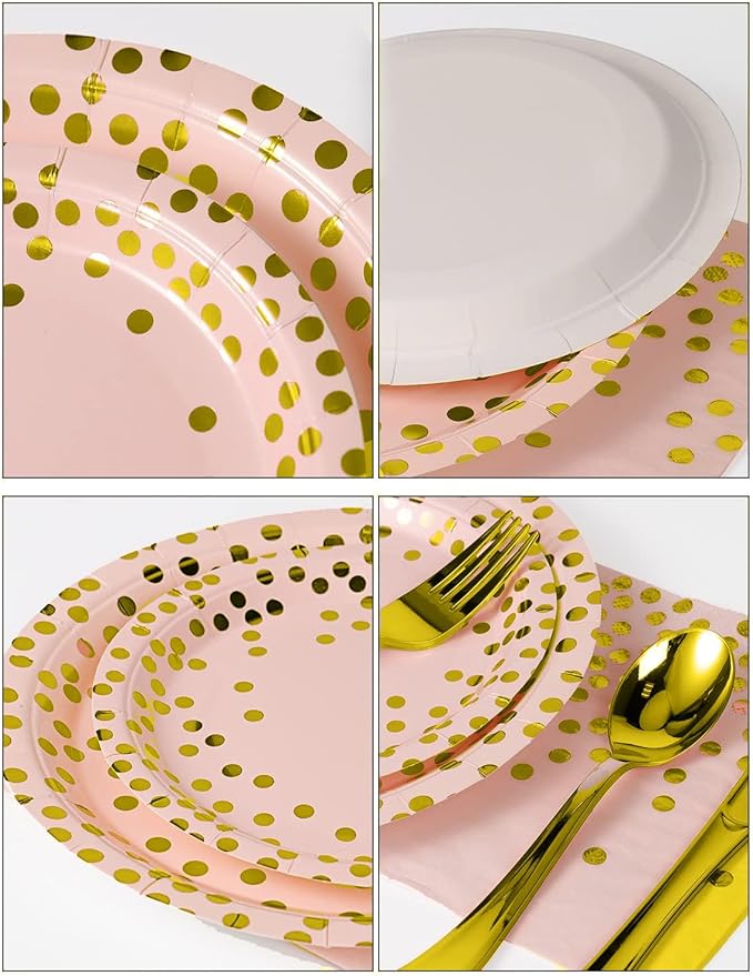 141 Pieces Pink Gold Party Supplies, Party Dinnerware Sets Include Paper Plates Napkins Cups Silverware, for Wedding Bridal Shower Engagement Birthday Parties Decoration -20 Serves