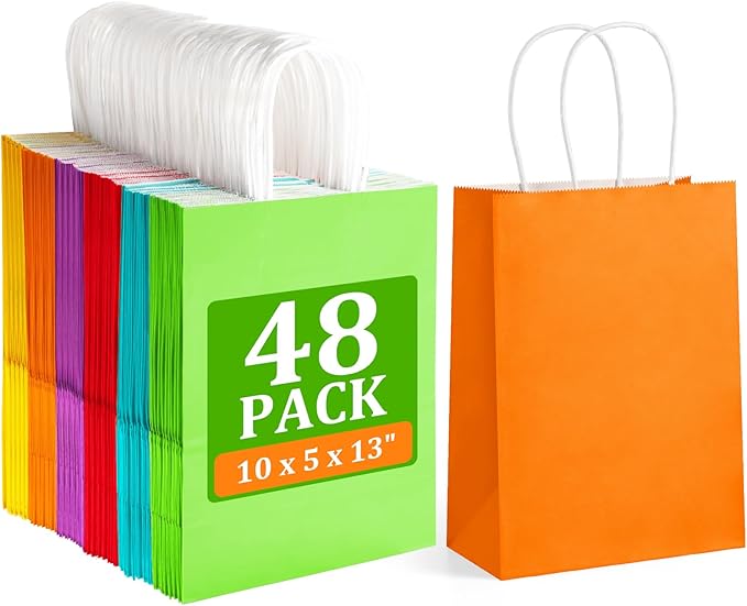 Gift Bags 48 Pack, Rainbow Kraft Paper with Twist Handles, 10x5x13 Inch
