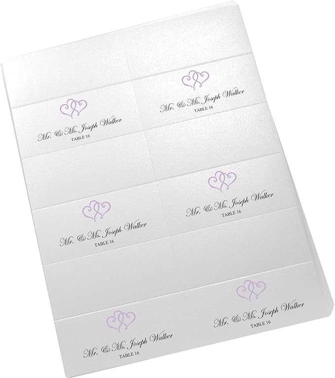 Linked Hearts Printable Place Cards, Lavender (Choose Color), Set of 60 (10 Sheets), Laser & Inkjet Printers - Wedding, Party, Dinner, and Special Events - Made in the USA