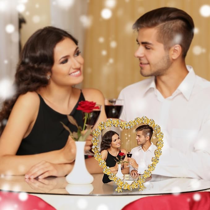Tabletop Picture Frame, Heart Shaped, Jeweled, Silver and Gold Finish