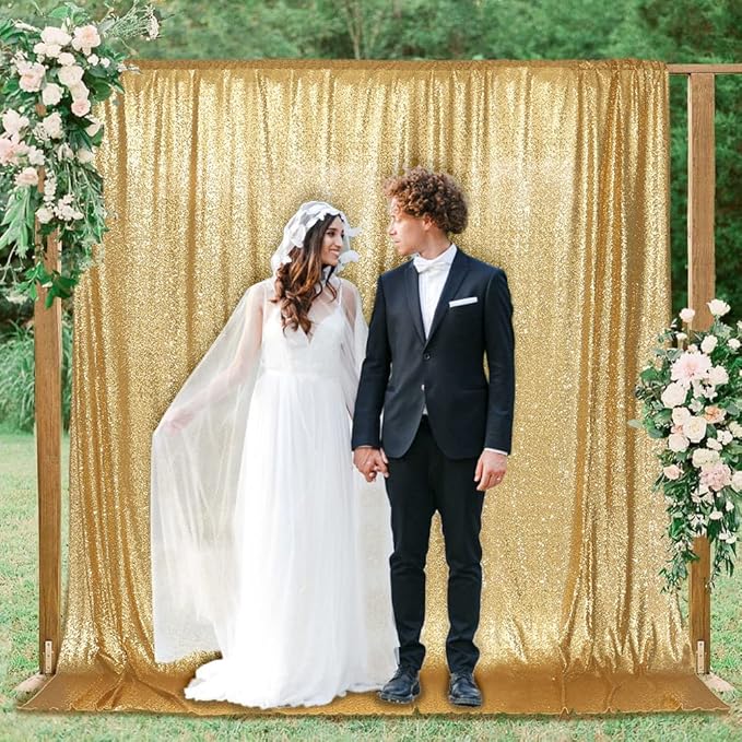 Backdrop with Shimmering Gold Sequins, 6 Ft x 7 Ft for Photos