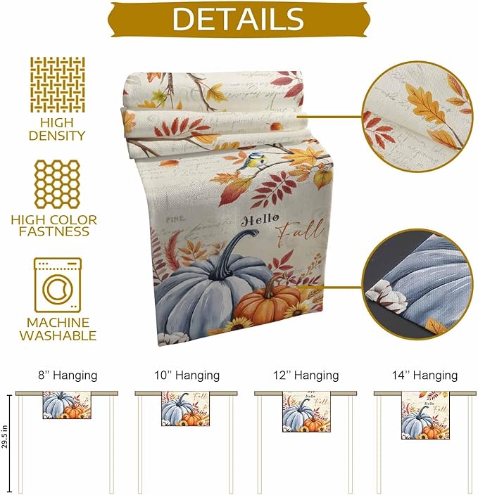 Thanksgiving Fall Cotton Linen Table Runner for Dining Kitchen, Blue Pumpkins Rustic Wedding Outdoor Party Autumn Tablerunners Decoration, Leaves Dresser Scarf Coffee Tablecloth Runners 13x90 Inches