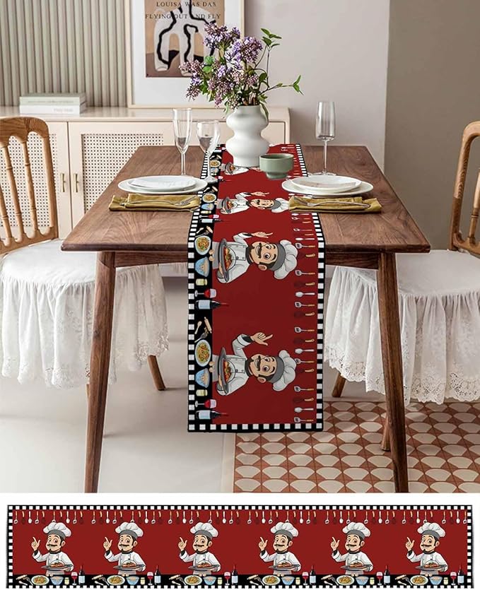 Red Chef Gourmet Cotton Linen Table Runner for Dining Kitchen, Wedding Outdoor Party Tablerunners Decoration, Black White Check Plaid Funny Kitchen Dresser Scarf Coffee Tablecloth Runners 13x48 Inches