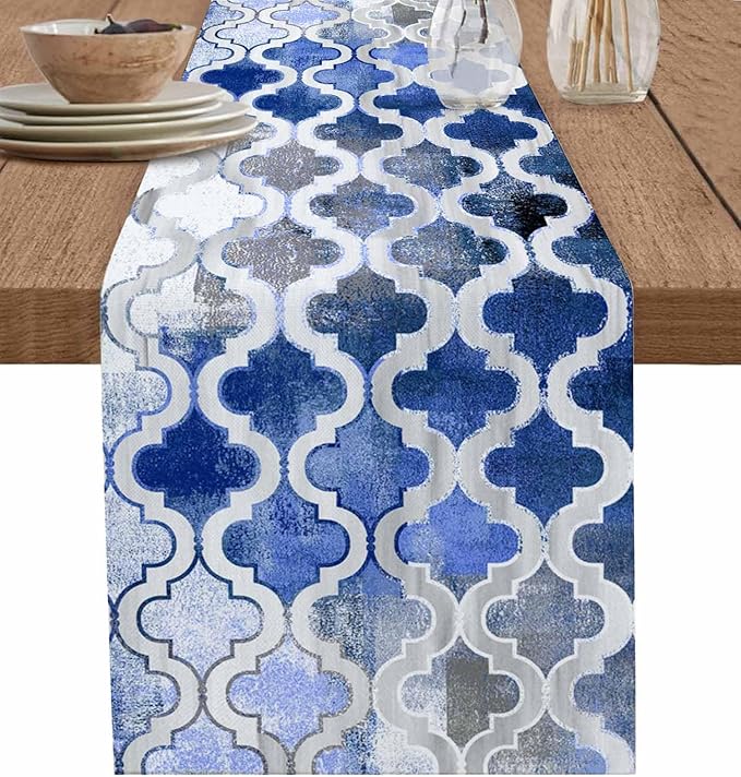 Blue Morocco Plaid Cotton Linen Table Runner for Dining Kitchen, Wedding Outdoor Party Tablerunners Decoration, Distressed Abstract Painted Vintage Dresser Scarf Coffee Tablecloth Runners 13x48 Inches