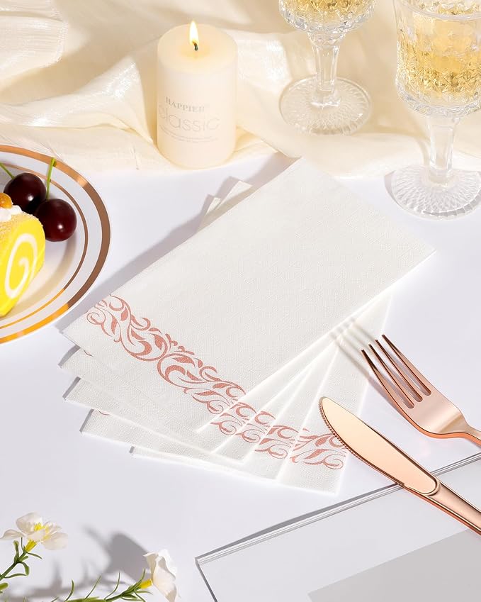 Disposable Napkins, 200 Count, 3-Ply Paper, Rose Gold Trim