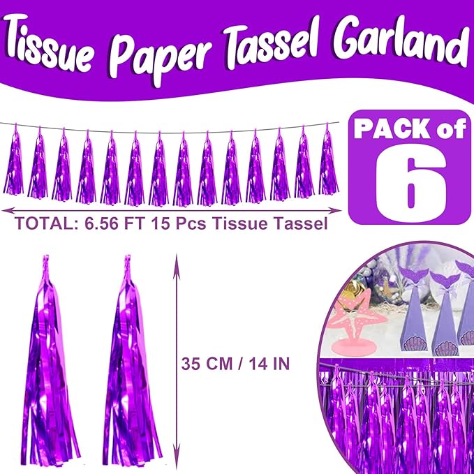 6P Purple Foil Fringe Metallic Tassel Streamers Banner Tassel Garland for Parade Floats, Bachelorette, Wedding, Birthday, Graduation, Christmas, Bridal/Baby Shower Party Decorations