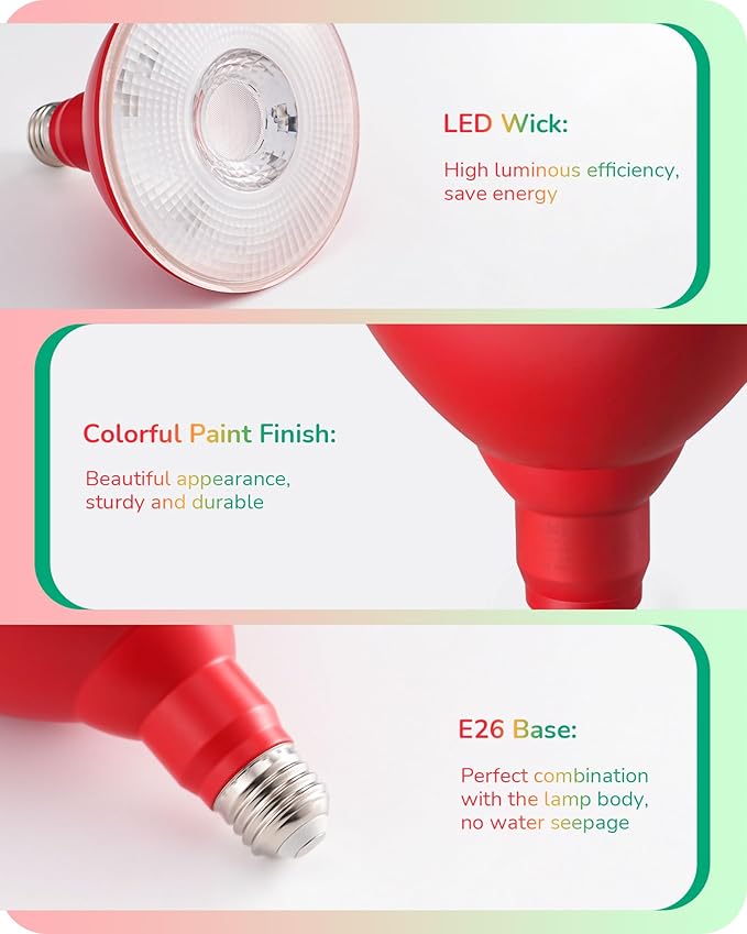 Red and Green PAR38 LED Flood Bulbs, Dimmable, IP65 Waterproof, E26 Base