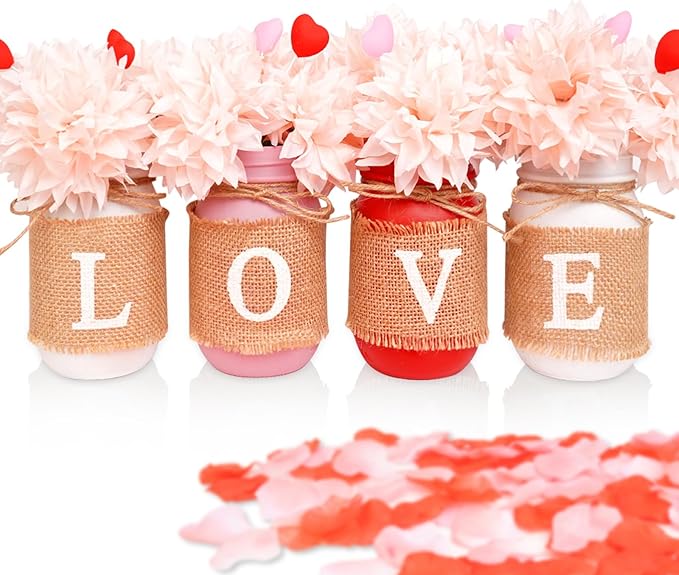 Wedding Mason Jar Centerpiece Table Decorations - Fireplace Mantle Decor with Artificial Flowers for Dining Table Coffee Table Farmhouse Home Decor