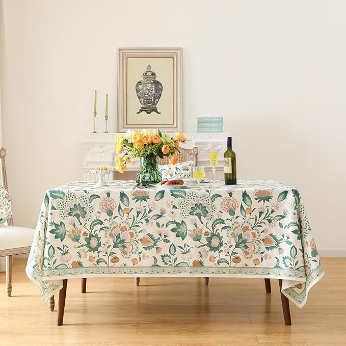 patdrea Designer Green Long Rectangle Table Cloth,Vintage Italian Floral Country Linen Breathable Tablecloth,Decor Cover for Kitchen Dining,Christmas,Tea Party,Thanksgiving,63"x102"-Tree Life