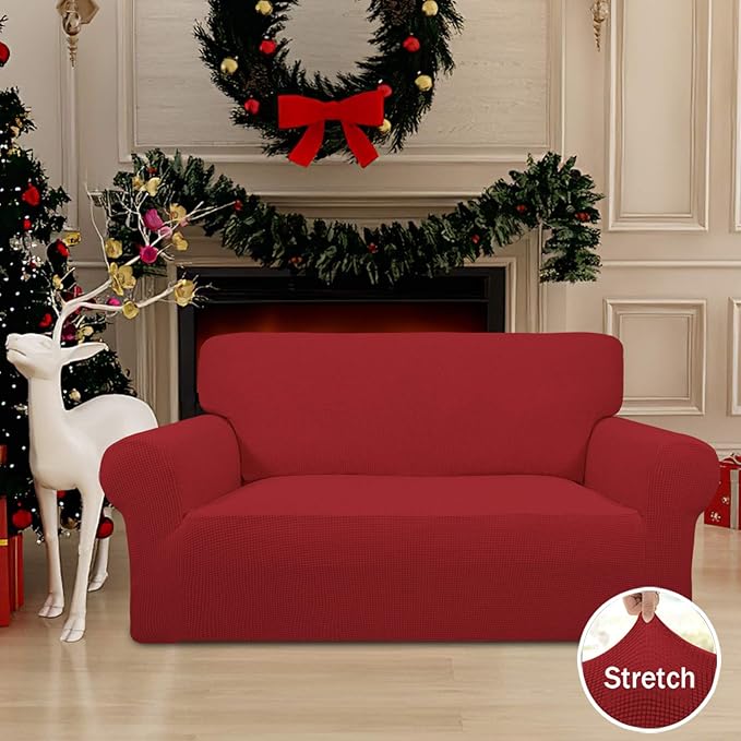 Sofa Slipcover for Loveseat, Stretch Jacquard Fabric in Christmas Red
