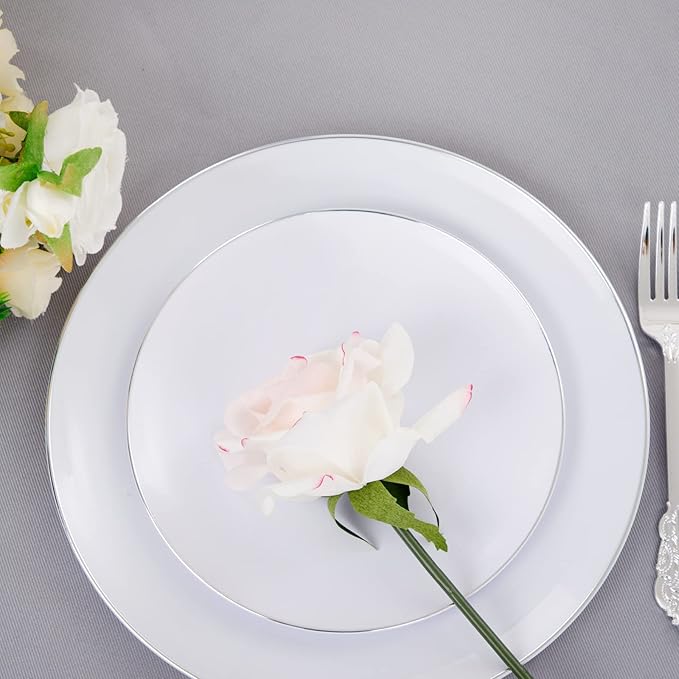 Plastic Plates with Silver Rims, 100 Count, Heavy Duty White
