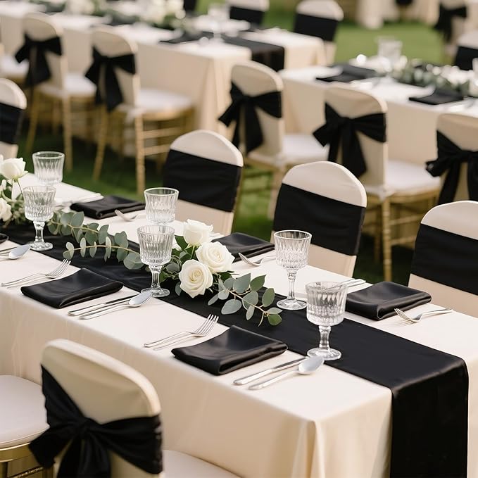 SHEJIZE 20 Pack Black Satin Table Runner 12x108 Inches Long, Bright Silky Smooth Satin Table Runner Table Decor for Wedding Banquet Christmas Prom Event Birthday Party