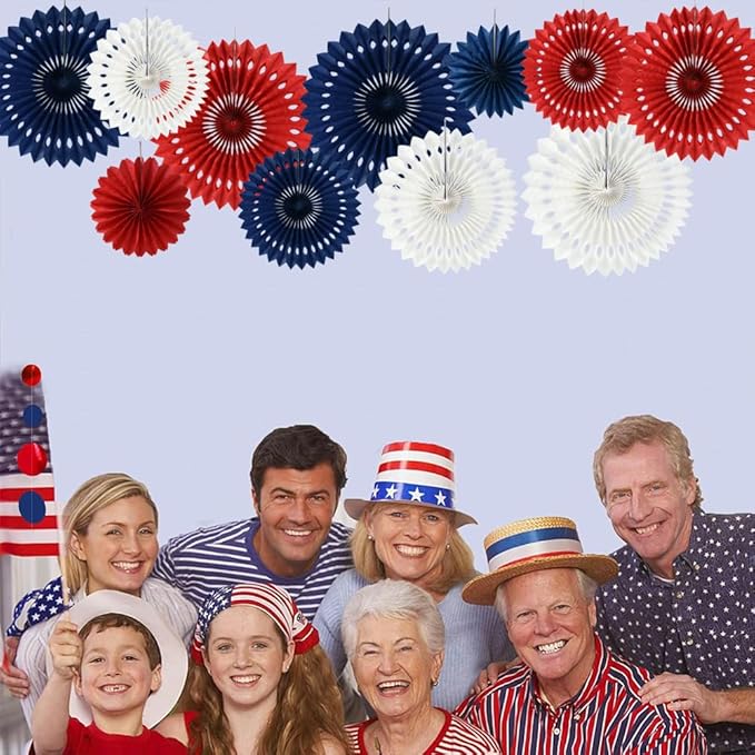BEISHIDA Red White Blue Hanging Honeycomb Round Paper Fans Decoration Patriotic Theme Tissue Paper Fan Garland for Baby Shower Kid Birthday Graduation Wedding Party Supplies（11packs）