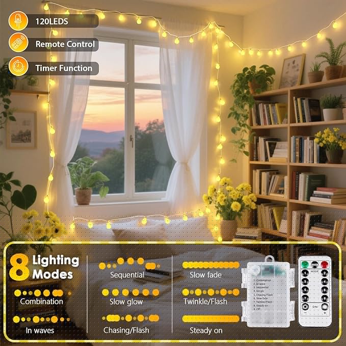2 Pack Battery Operated String Lights - 52FT 120 LED Globe Fairy Lights with Remote, Waterproof Christmas Light Indoor Outdoor 8 Modes with Timer for Bedroom Classroom Dorm Christmas Decor, Warm White