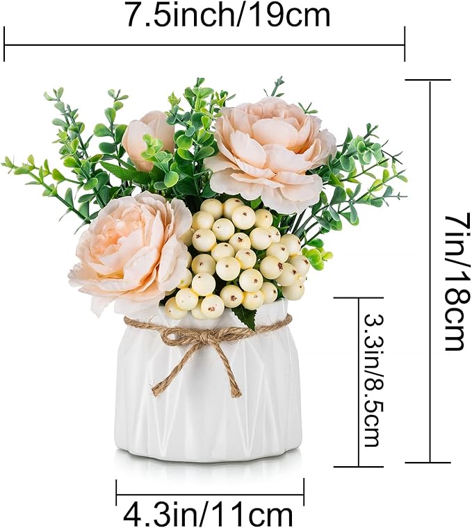 BLOSMON Table Decor Artificial Flowers Vase 7 Inch Small Fake Pink Flower Arrangement 2pcs for Tables Centerpieces Kitchen Dining Room Decorations Faux Flower in Vase Coffee Table Silk Roses