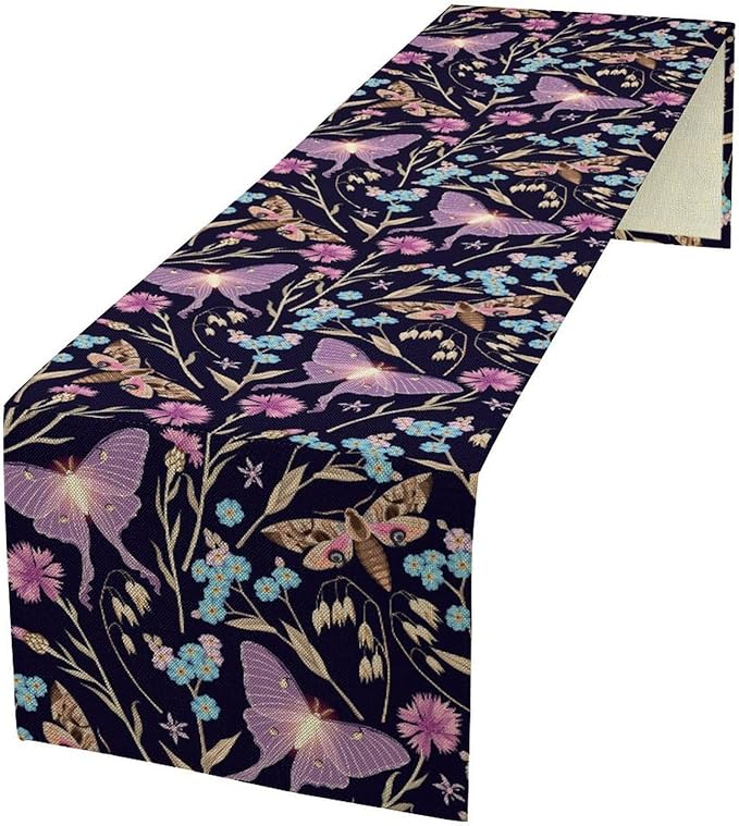 Moth Table Runner, Boho Aesthetic Moth Magic Table Runner for Home Kitchen Dining Party Indoor Outdoor Decoration 13x60 Inch