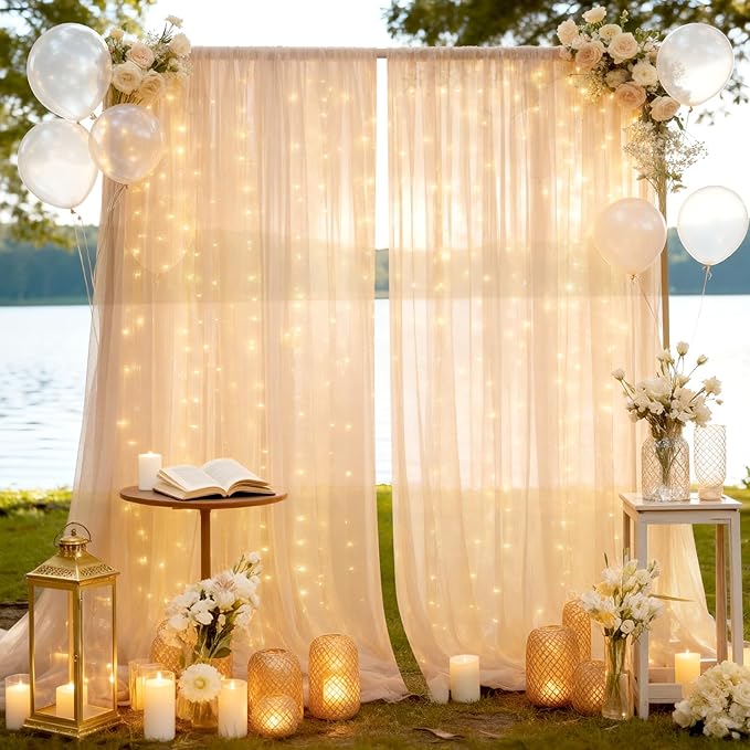 10×8ft Tulle Backdrop Curtains with Lights String - 300LED Fairy Lights Sheer Curtain Backdrop for Weddings Baby Shower and Birthday Party Decorations(8 Panels 5×8ft)