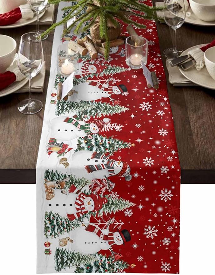 Christmas Snowman Cotton Linen Table Runner for Dining Kitchen, Xmas Tree White Snowflakes Winter Wedding Outdoor Party Tablerunners Decoration, Dresser Scarf Coffee Tablecloth Runners 13x72 Inches