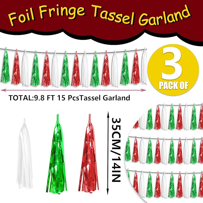 3P Red Green White Foil Fringe Metallic Tassel Streamers Banner Tassel Garland for Parade Floats, Graduation, Wedding, Birthday, Halloween, Christmas, Mexican Italian Birthday Party Decorations