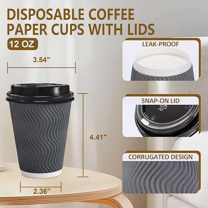 Disposable Paper Coffee Cups with Lids, 12 oz Gray, Pack of 100