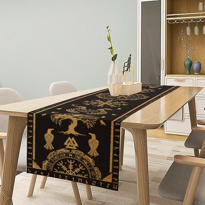 Viking Tree of Life Abstract Table Runner for Living Room Home Party Coffee Dining Party Wedding Golden Black Celtic Style Geometric Dragon Boat Rudder Ancient Script Table Runner 13x60 Inch
