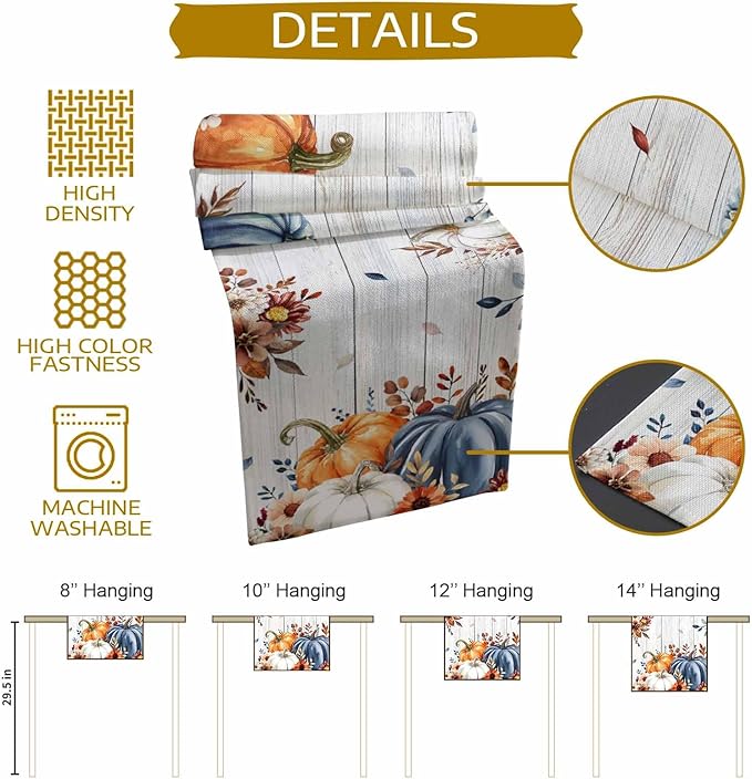 Thanksgiving Fall Cotton Linen Table Runner for Dining Kitchen, Pumpkins Eucalyptus Wedding Outdoor Party Tablerunners Decoration, Farmhouse Wooden Dresser Scarf Coffee Tablecloth Runners 13x60 Inches