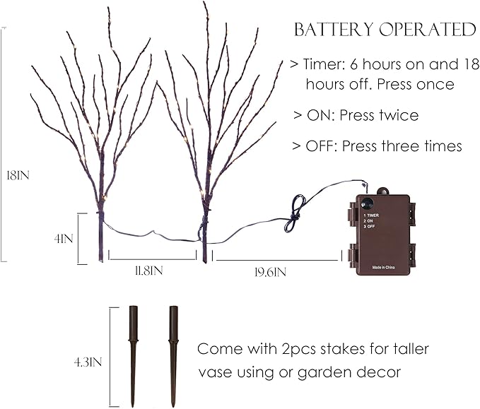 BAOLITVINE Lighted Willow Branches with Timer 70 Fairy Lights 18IN, Brown Twig Branch Lights for Indoor Outdoor Home Fireplace Christmas Decorations