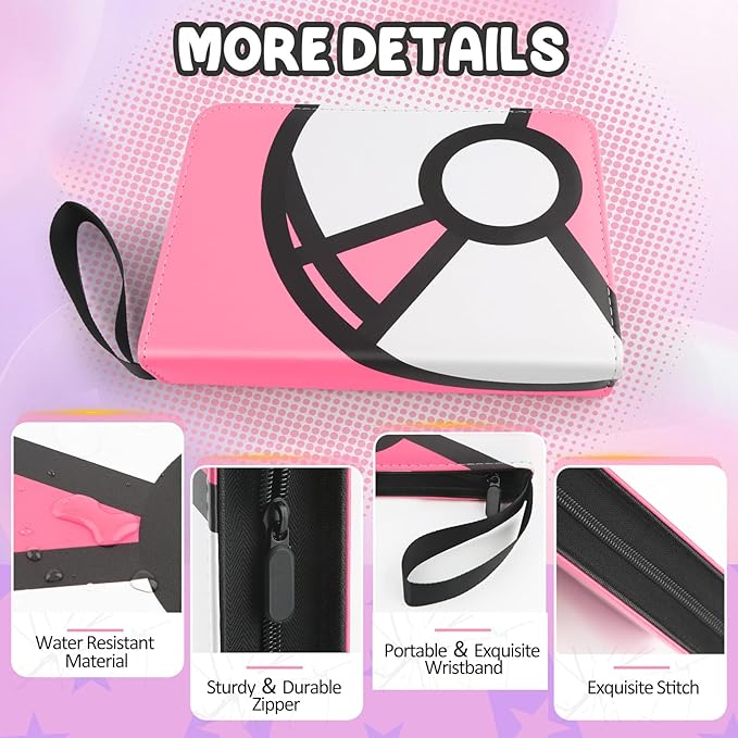 Trading Card Binder 4-Pockets, 400 Pockets Card Holder with 50 Removable Sleeves, Large Capacity & Waterproof Zipper Album Holder for Trading Card Collector，Portable Card Album Book for Card-Pink