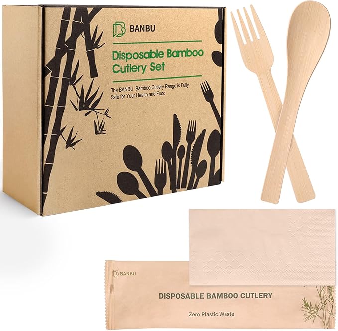 Bamboo Spoon and Fork Set, 198 Pieces with Napkins, Individually Wrapped