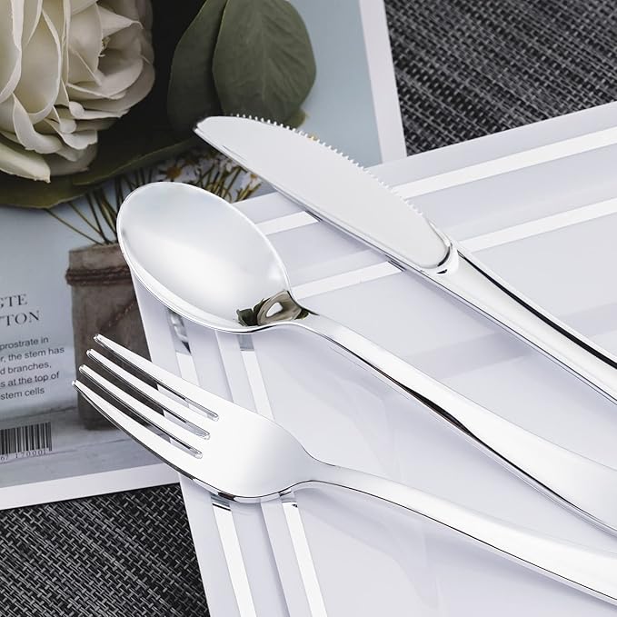 Disposable Silver Spoons, Forks & Knives Set, 200 Pieces, Glossy Plastic