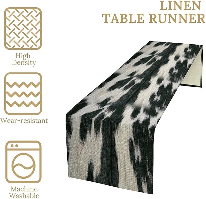 Rustic Cow Skin Print Table Runner, Country Farm Animal Fur Skin Pattern Western Style Brown Cowhide Print Cotton Linen Cottage Dinner Runner for Home Kitchen Dining, 13x90 Inch