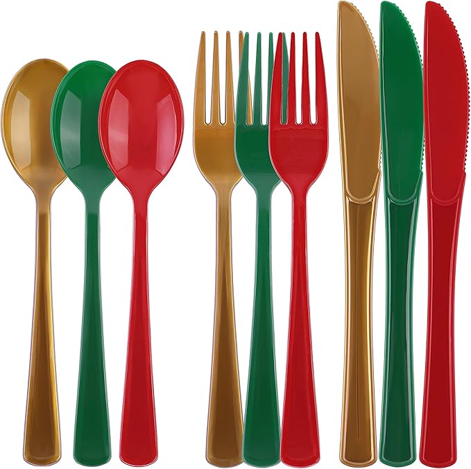 Christmas Plastic Silverware Set, 300 Pieces in Red, Green and Gold